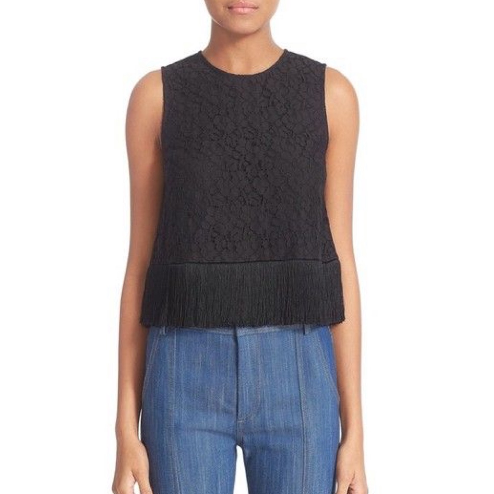 Derek Lam 10 Crosby Black Lace & Fringe Tank